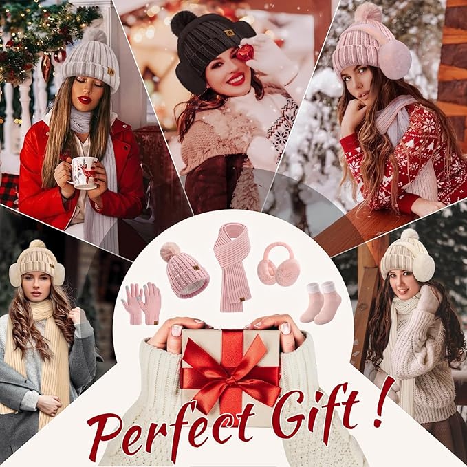 UMIPUBO Winter Beanie Hats Scarf Touch Screen Gloves Fuzzy Socks Ear Muffs 5pcs Set for Women Winter Ski Outing Set