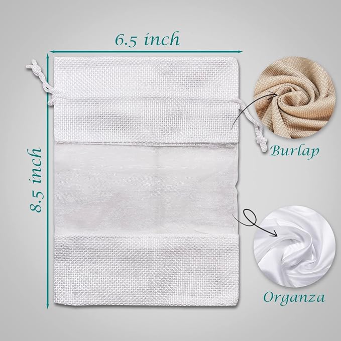 12-Pack Large Linen Burlap & Organza Gift Bags w. Drawstrings (6.5x8.5 in, White) - Party Favors, Presents, Samples & Treats Mesh Pouch by The Display Guys