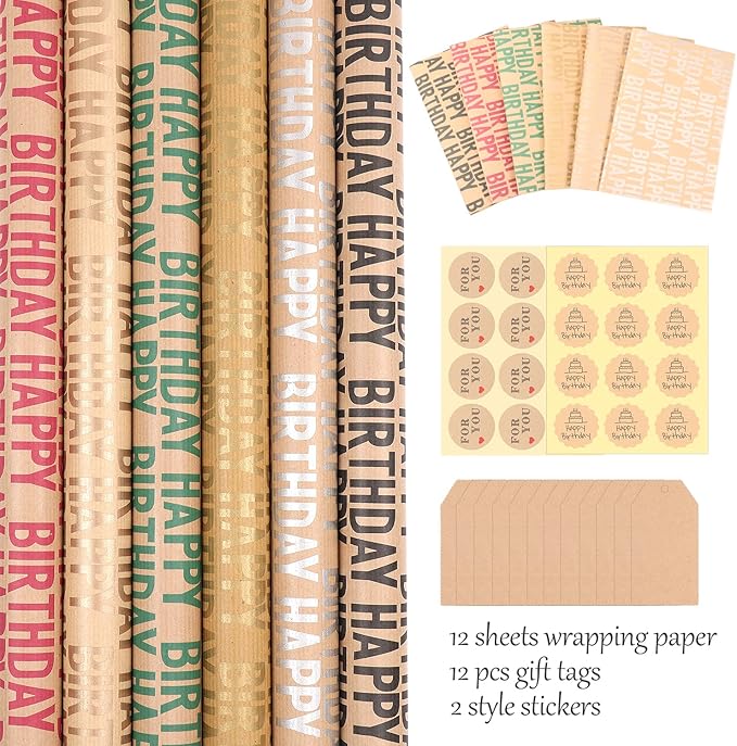 Kraft Brown Recycled Gift Wrapping Paper Set, 12 Sheets with Stickers, Happy Birthday Pattern Design for Kids & Adults, 2028 inches