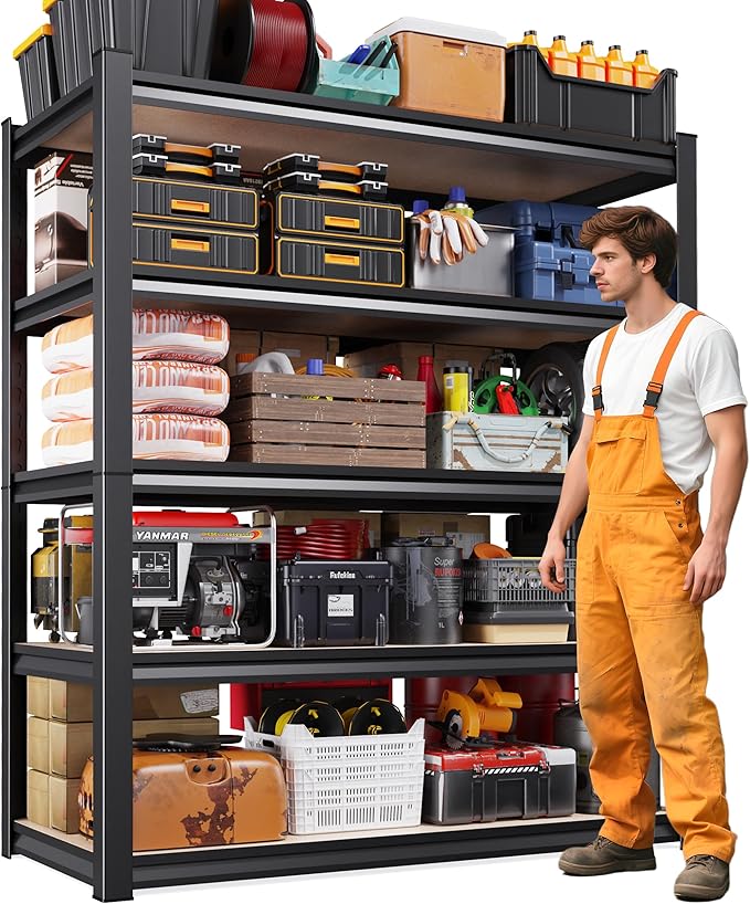 5-Tier Storage Shelves, 3000LBS Garage Shelving Heavy Duty, Home Storage Rack, Utility Metal Shelf, Adjustable Shelving Unit, for Dorm, Basement, Kitchen,17.7" D x 45.6" W x 71.2" H, Black