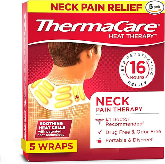 ThermaCare Heat Wraps for Neck & Shoulder Pain Relief - Portable Adhesive Heating Pads with 16-Hour Therapeutic Heat - Drug-Free Muscle & Joint Soothing Patches (5-Count)