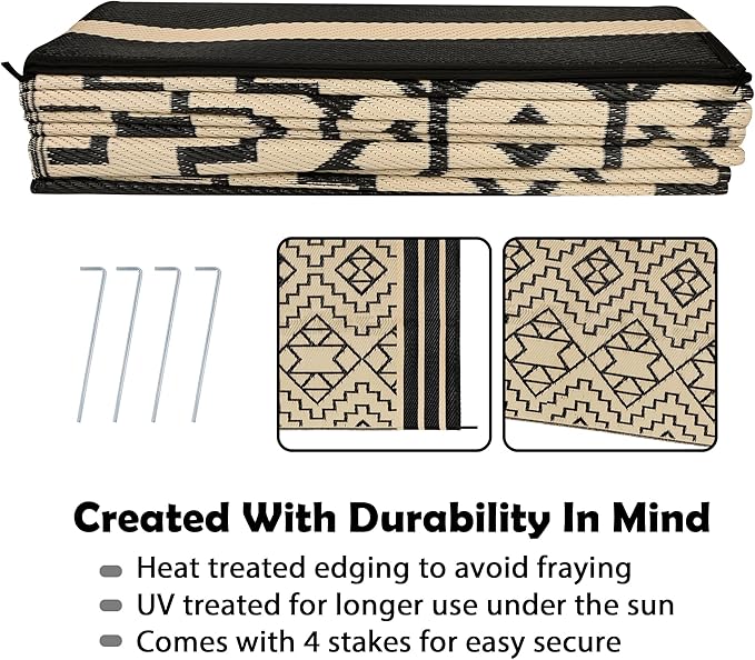 SAND MINE Reversible Mats, Plastic Straw Rug, Modern Area Rug, Large Floor Mat and Rug for Outdoors, RV, Patio, Backyard, Deck, Picnic, Beach, Trailer, Camping (9' x 18', Black & Beige)