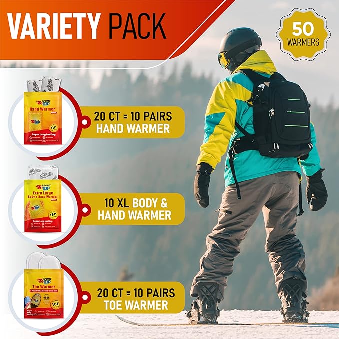 Hand, Toe, & XL Body and Hand Warmers - Variety Pack, 10 Pairs Hand Warmers, 10 Pairs Toe Warmers with Adhesive, 10 XL Hand & Body Warmers - Air Activated - Odorless Hot Hand - Sport Temp