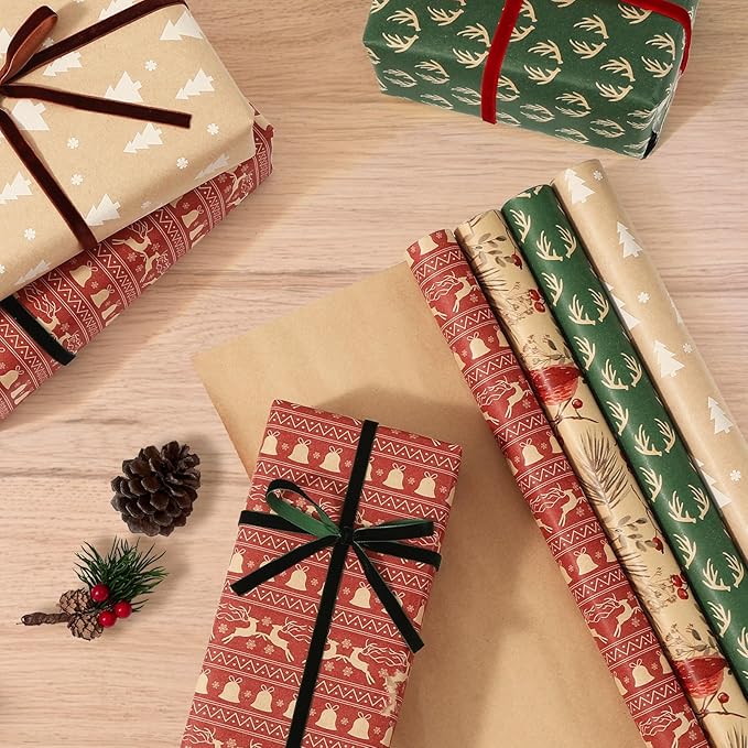 YANGTE Vintage Christmas Wrapping Paper - Brown Kraft Gift Wrap 4 Rolls, 17x120 Inch, Holiday Paper with Classic Brown and Red Patterns for Xmas Gifts