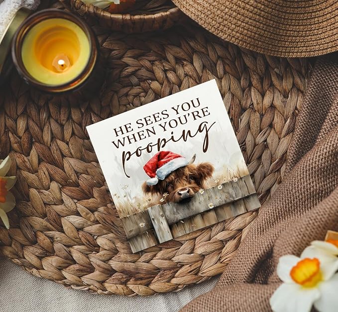 Christmas Highland Cow Bathroom Decor Sign - Farmhouse Western Christmas Animal Bathroom Decor,Rustic Farm Animal He Sees You When You're Pooping Signs,Highland Cow Gifts for Women