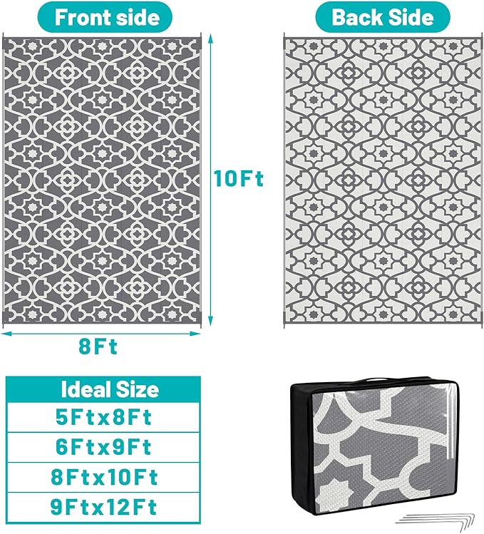 HEBE Outdoor Rug Waterproof 8x10, Plastic Straw Rug Camping Rug, Reversible Outdoor Patio Rugs RV Mat Clearance, Indoor Outside Floor Carpet for Porch,Deck,Camper,Balcony,Backyard