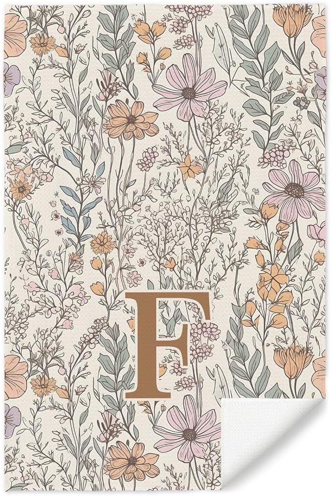 Initial F Personalized Floral Kitchen Towels Dish Towel, Custom Hand Towels for Bathroom, Monogrammed Gifts for Women Mom, Boho Floral Decorative Kitchen Towels Tea Towel, 16x24 Inch
