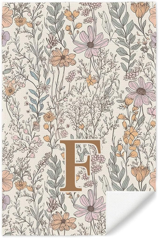 Initial F Personalized Floral Kitchen Towels Dish Towel, Custom Hand Towels for Bathroom, Monogrammed Gifts for Women Mom, Boho Floral Decorative Kitchen Towels Tea Towel, 16x24 Inch