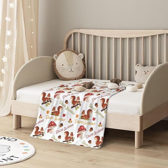 Ship Next Day Personalized Baby Blanket, Printed in USA - Custom Name Toddler Blanket with Squirrel Pattern, Personalized