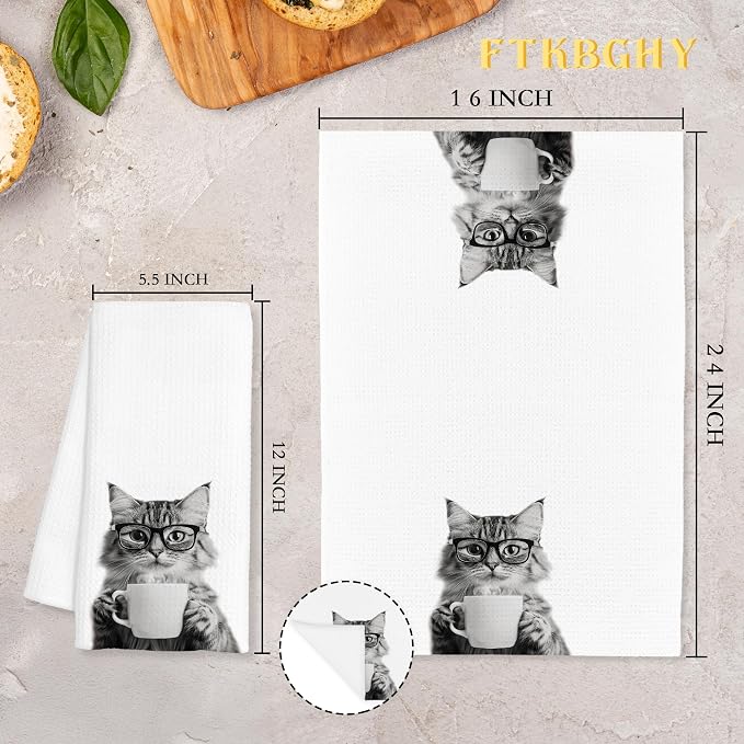 Funny Cat Decor Coffee Kitchen Towels Gift, Cat Gifts for Women, Coffee Gifts for Women, Kitty Lover Gift Decorative Dish Hand Tea Towels for Kitchen Home Bar Decor, 16x24 Inch
