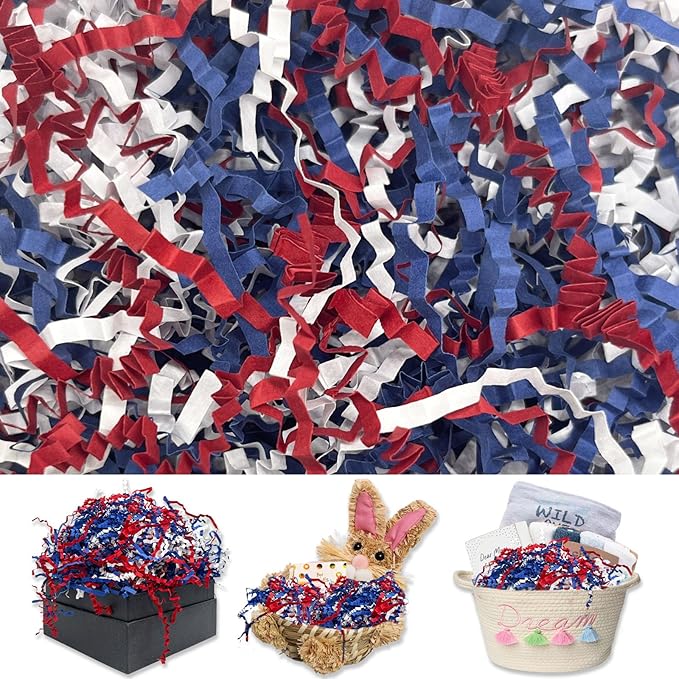 Red Blue White Crinkle Cut Paper Shred Filler, 2 LB Basket Filler Shredded Paper, Confetti Stuffing for Basket Filling, Independence Day, Fourth of July DIY Gift Wrapping, Stuffer Party Supplies