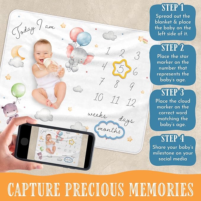 Baby Milestone Blanket, 40x50in Soft Flannel, Custom Cloud & Star Design with Baby Animals, Includes Yellow Star & Blue Cloud Milestone Markers, Perfect, White & Pastel Colors