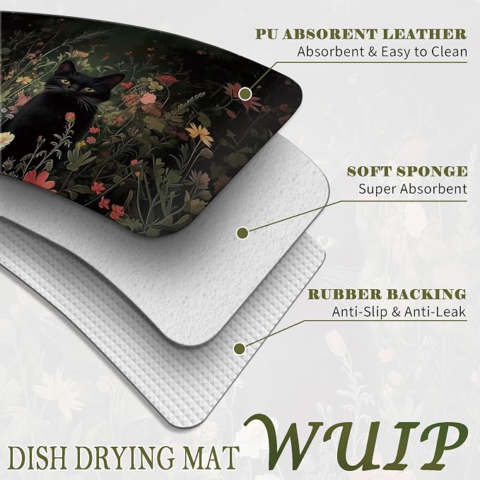 Black Cat Dish Drying Mats for Kitchen Counter, Cat Mom Gifts, Moody Floral Botanical Absorbent Reversible Coffee Bar Mat Drying Pad for Kitchen Decor, 12x15 Inch