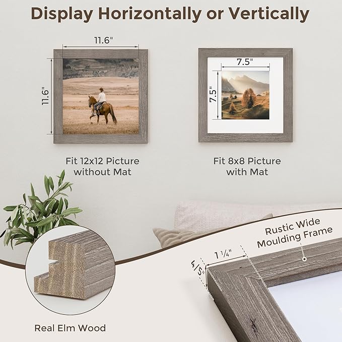 Fun Memories 12x12 Picture Frame, Square Photo Frame 12"x12" with Tempered Glass, 12 x 12 Frames with Mat for 8x8, Solid Elm Wood Photo Frame, 12x12 Rustic Picture Frame for Wall Decor, Grey, 1 Pack