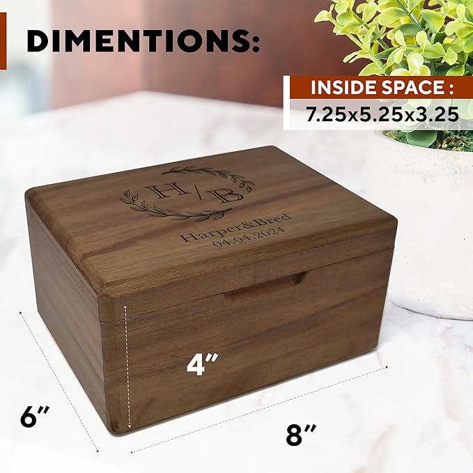 Customized Wedding Memory Box Small - Acacia Wood Engagement Gift Boxes for Couples, Keepsake Box Wedding Personalized, Custom Gift for 5 Year Marriage Anniversary Time Capsule, 8x6x4 in