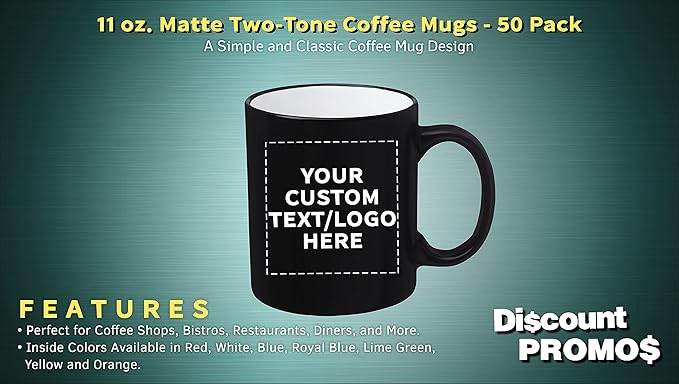 DISCOUNT PROMOS 50 Matte Two-Tone Coffee Mugs Set, 11 oz. - Customizable Text, Logo - Stoneware, Drinkware, Durable, C-handle - White