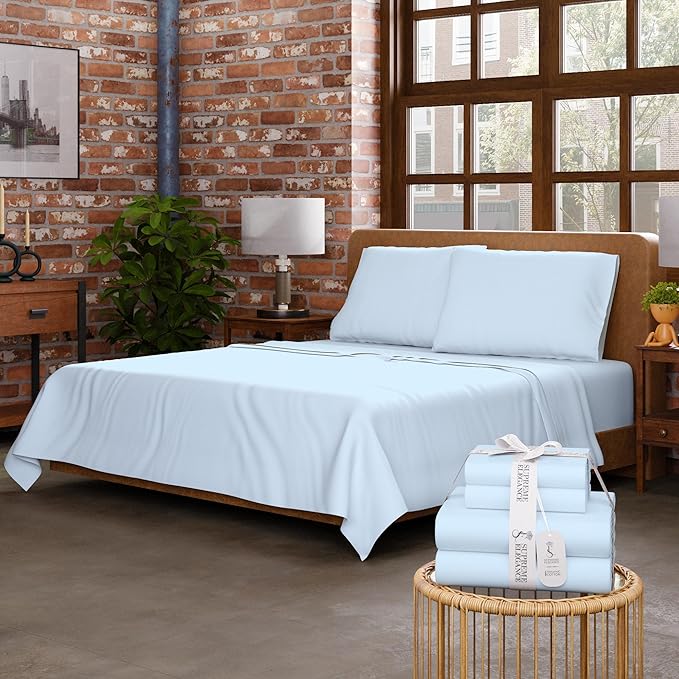 SUPREME ELEGANCE Organic 100% Cotton Queen Sheet Set, 18” Deep Pocket, Sky Blue | Lightweight, Eco-Friendly Cotton, Percale Softness, Durable & Breathable, Naturally Cooling | All Season Comfort