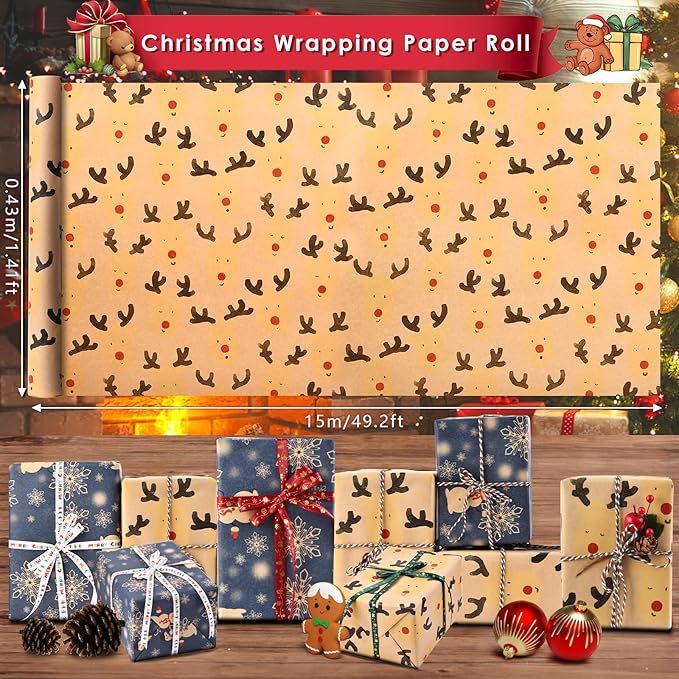 AhfuLife 2 Rolls Christmas Wrapping Paper - 17 Inch × 49.2 Feet Per Roll, Recyclable Kraft Xmas Wrapping Paper Roll for Kids Christmas Gift Box Birthday Party Decoration -138 sq. ft. ttl (L: Blue Snowman/Reindeers)
