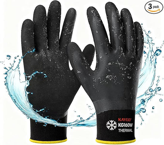 KAYGO Winter Waterproof Work Gloves for Men and Women, 3 Pairs Thermal Insulated Freezer Rubber Coated Gloves,Super Grip,KG160 (XL, Black)