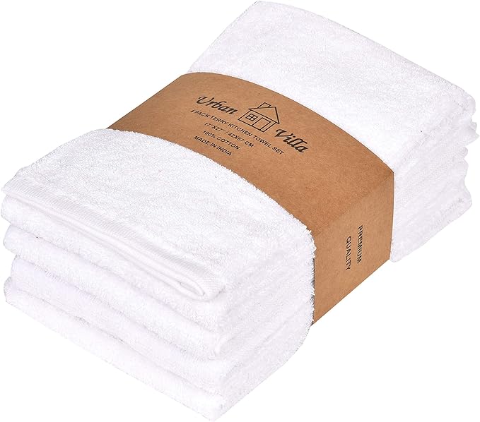 Urban Villa KitchenTowels Dual Purpose Terry Kitchen Towels White Color Set of 4 Dish Towel for Kitchen 100% Cotton Size 17X27 Inches Highly Absorbent KitchenTowels with Hanging Loop KitchenTowels
