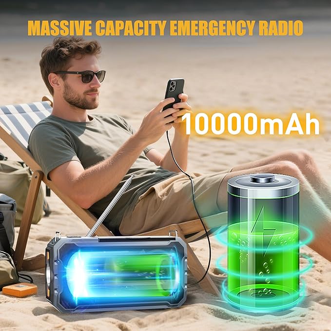 Hand Crank Emergency Radio, 10000mAh Weather Radio with AM/FM/NOAA, Solar Prower, SOS Alarm, Phone Charging, LED Flashlight, Portable Survival Gear for Outdoor & Home Emergencies Kits, Grey
