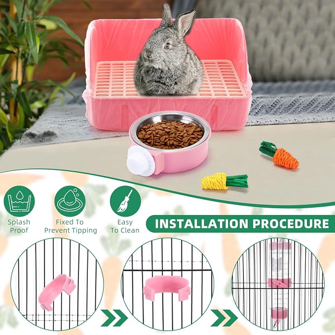 34 Pcs Rabbit Starter Kit Rabbit Litter Box Small Animal Water Bottle Cups Bunny Tunnels Animal Grooming Kit Bowl Blanket with Cleaning Set for Guinea Pig Bunny(Style 1,Light Pink)