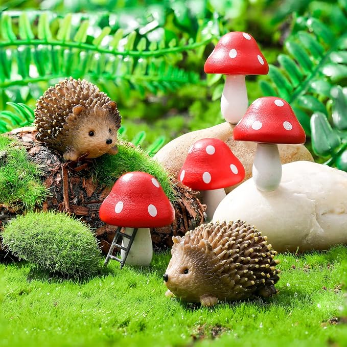 Queekay Fairy Garden Hedgehog Miniature Figurines, Resin Mushroom Decor | Hedgehog & Mushroom Set, Plant Pot Bonsai Accent, Miniature Fairy Garden Figurines, Resin Craft, Indoor Outdoor Scene