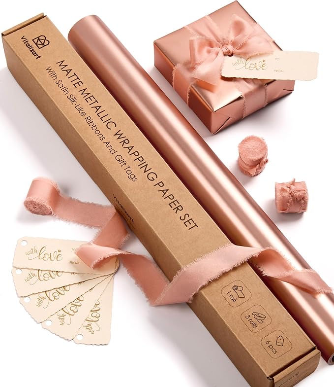 Vitalizart Pink Matte Metallic Wrapping Paper Set 17" With Silk Satin Ribbon & Gift Tags Christmas Gift Wrapping Birthday Baby Shower Wedding Bouquets Handmade Crafts 197"(16.4 Ft) Pink Ribbon