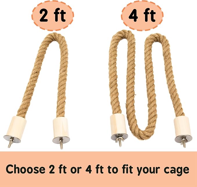 Bird Rope Perch for Parrots, Bendable Natural Jute Boing with Pine Wood and Stainless Steel Mount, Cotton Alternative, Cage Accessory for Parrots (Brown, 4 feet)