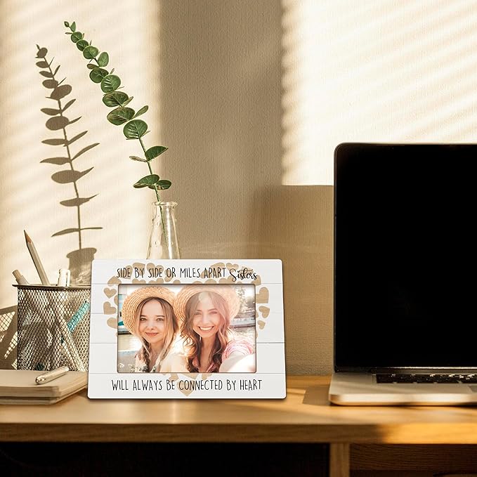 Sister Picture Frames, Gifts for Best Friends Women, Cousins Bff Girl Birthday Gift Wooden Photo Frames, Sisters Will Always Be Connected by Heart Picture Photo Frame for Desk Table 4X6 Photos