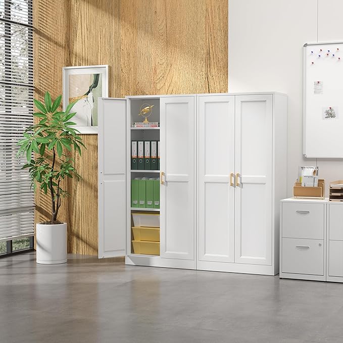 Kitchen Pantry Cabinet,60”White Metal Pantry Storage Cabinet with Doors and 4 Adjustable Shelves,Kitchen Cabinet with 2 Gold Handles,Tall Cabinets for Livingroom, Bathroom
