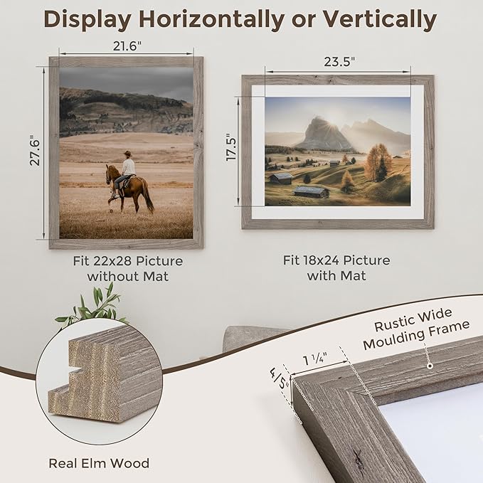 22x28 Picture Frame, Solid Elm Wood Picture Frame with Real Glass, Large Rustic Poster Frame 22"x28", matted to 18x24, 22 by 28 Wooden Frame for Vertical & Horizontal Wall Hanging, Grey, 1 Pack