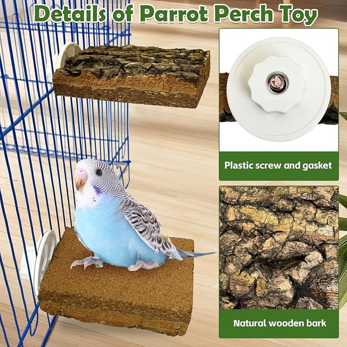 kathson Natural Cork Bird Perch Stand Platform Small Birds Wooden Rectangle Stand Perch Parakeet Chewing Toy Cage Accessories for Lovebirds Cockatiels Conures Parrots(Style A,4PCS)