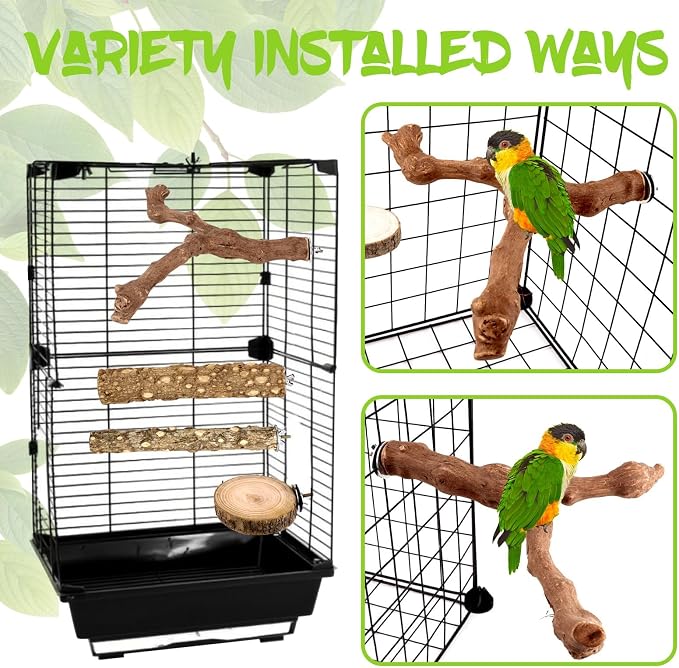 8 Pcs Natural Grape Wood Bird Perch & Platform Set for Cages | Ideal for Small/Medium Birds (Budgies, Conures) | Bark Textures for Foot Health | Tool-Free Wing-Nut | Safe Chewing