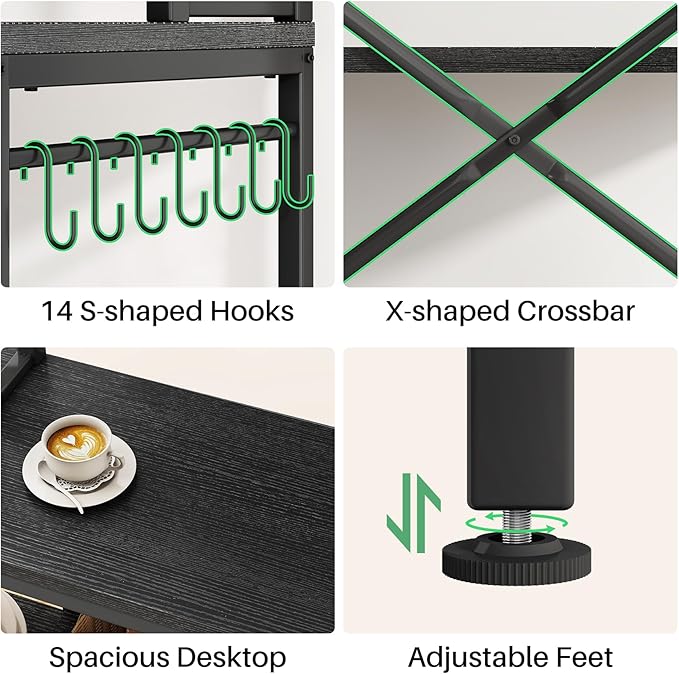 SNTD Baker Rack with Power Outlet - Microwave Stand with Storage, Large Coffee Bar Station with 14 Hooks, Metal Kitchen Shelf Rack for Spices, Pots (Rustic Black)