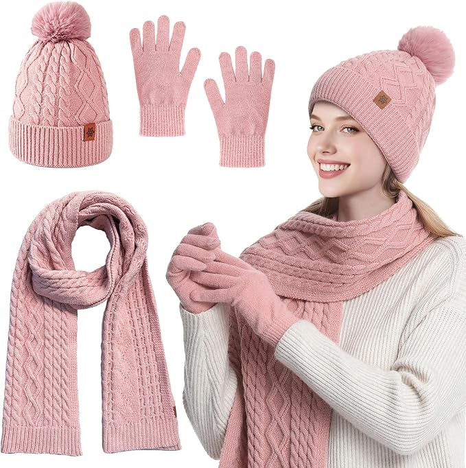 QUIRAI Winter Hat Gloves Scarf Set Women, Fleece Lined Beanie with Pom, Scarf Neck Warmer Touchscreen Gloves 3 in 1 Gift Set