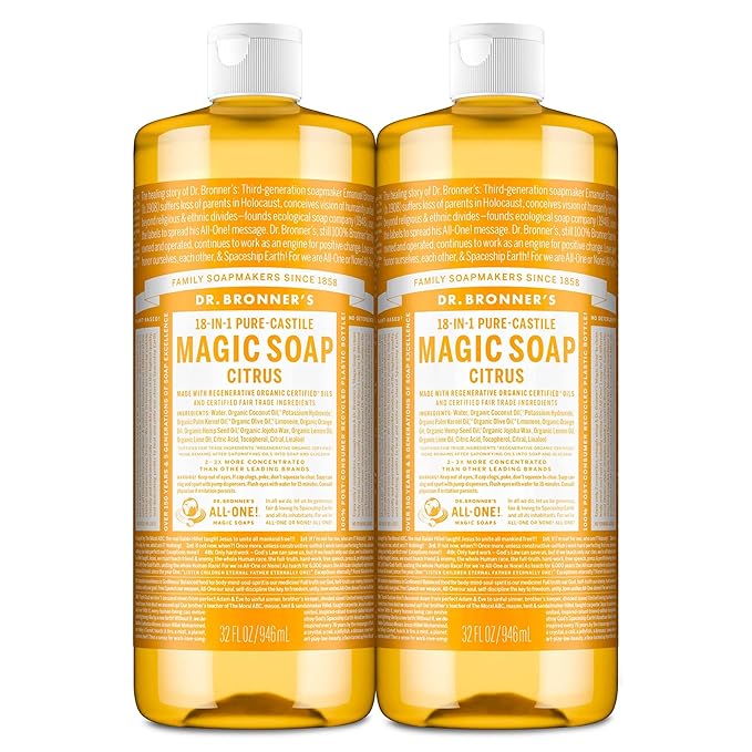 Dr. Bronner's Magic Soap-Pure-Castile Liquid Soap (Citrus, 32 ounce, 2-Pack)-Regenerative Organic Certified Oils, 18-in-1 Uses: Body, Hair, Laundry, Pets & Dishes, Concentrated, Vegan, Non-GMO