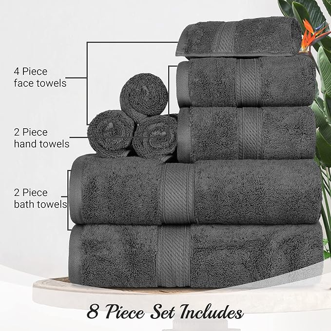 BLUENILEMILLS Madison Egyptian Cotton Towels, Towel Set for Bathroom, Shower, Hotel, Plush, 900 GSM, Highly Absorbent and Ultra-Soft Towels, Bath Essentials, 8 Piece Assorted Towel Set, Charcoal