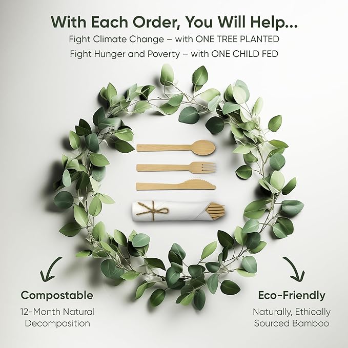 Premium Pre-Rolled Napkin and Bamboo Cutlery Set (50 Pack, 200 PCS) 100% Biodegradable, Eco-Friendly, Disposable Wrapped Cutlery - Includes Pre-Wrapped Bamboo Forks, Knives, Spoons, & Napkins