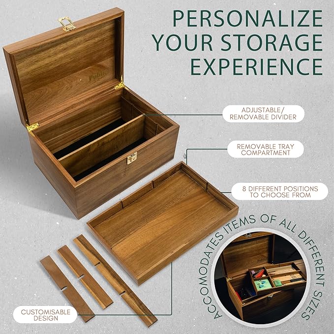 Public House Locking Wooden Keepsake Box, Customizable Design With Adjustable Tray. Large Wooden Box with Hinged Lid for Wedding and Memory Keepsakes