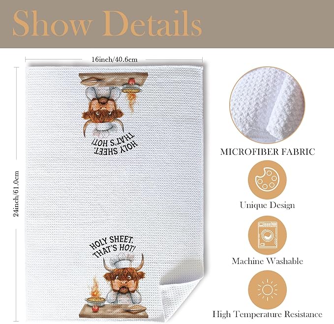 Funny Chef Highland Cow Kitchen Towels, Highland Cow Gifts for Women Men Dish Tea Towels, Humorous Holy Sheet That's Hot Decorative Hand Towel, 16x24 Inch