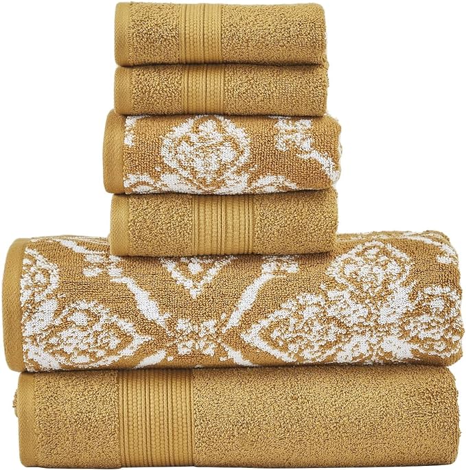 Modern Threads Amaris 6-Piece Reversible Yarn Dyed Jacquard Towel Set - Bath Towels, Hand Towels, & Washcloths - Super Absorbent & Quick Dry - 100% Combed Cotton, Gold