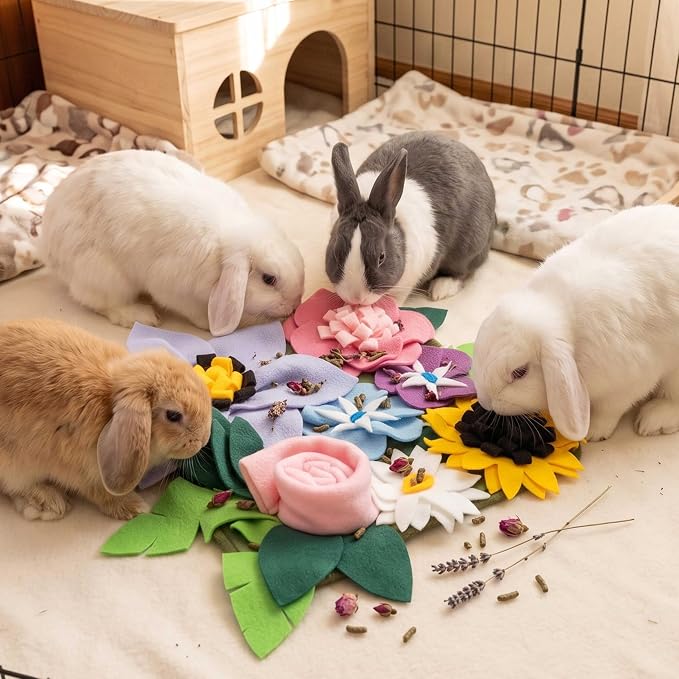 Snuffle Mat for Rabbit, Cute Flower Interactive Bunny Foraging Toy | Enrichment Feeder Toy & Cage Accessories for Rabbit, Guinea Pig, Hedgehog, Chinchilla (11.8x11.8in)