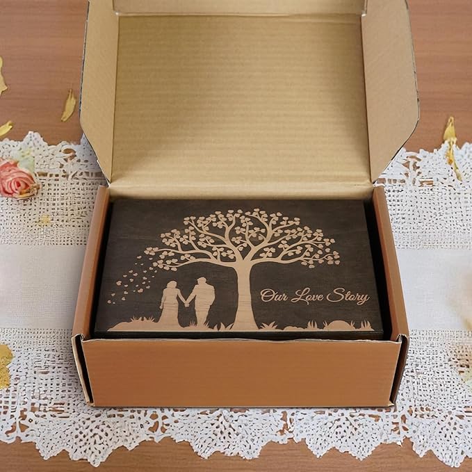 Engraved Wedding Memory Box – Wooden Keepsake Box for Bride & Groom, Marriage Vows, or First Anniversary – Medium Size – Dark Walnut – 8.5 x 6 x 3 in