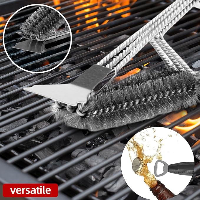 Grill Brush & Scraper BBQ Brush for Grill, 18" Stainless Steel Woven Wire 3 in 1 Bristles Grill Cleaning Brush with Bottle Opener & Clipping Hook