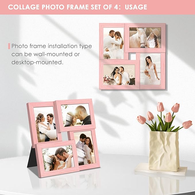 4x6 Collage Picture Frame Tempered Glass Front, Displays Four 4x6 Photo, Family Photo Collage Frame, Wall Decor Wall Hanging or Tabletop, Pink