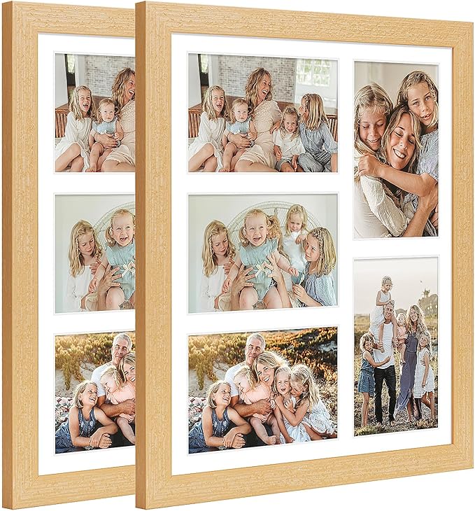11x13 Collage frame with 5 Openings 4X6 Pictures, Multiple Picture Frame with Mat, Wall or Tabletop Decor, Natural Wood Grain,2 Pack