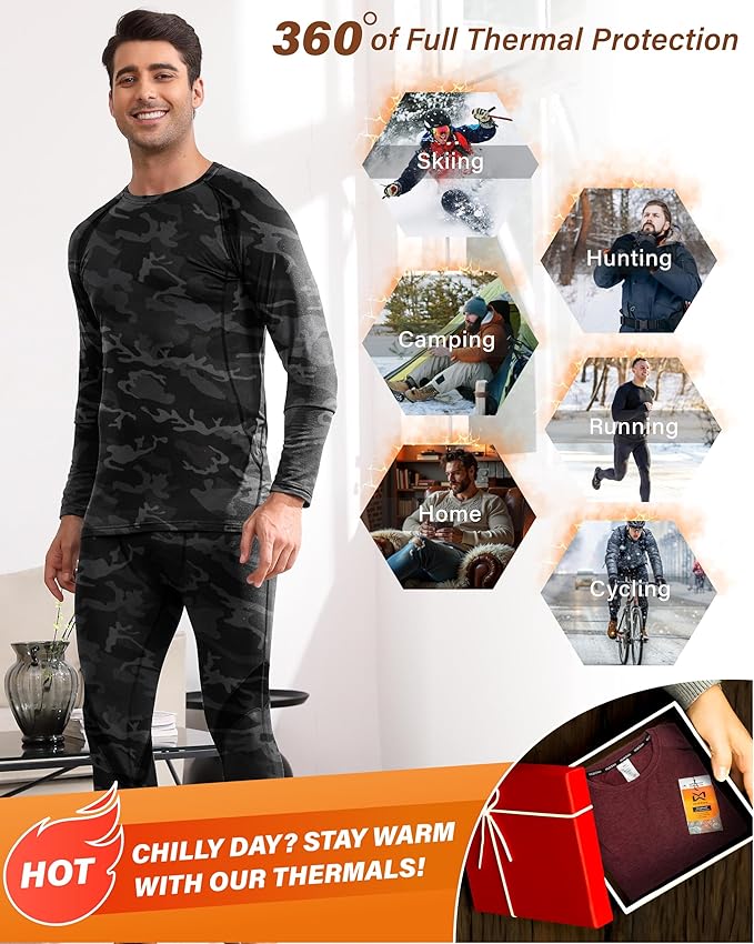 Muezna Men's Thermal Top and Bottom Set Underwear Long Johns Base Layer with Soft Fleece Lined