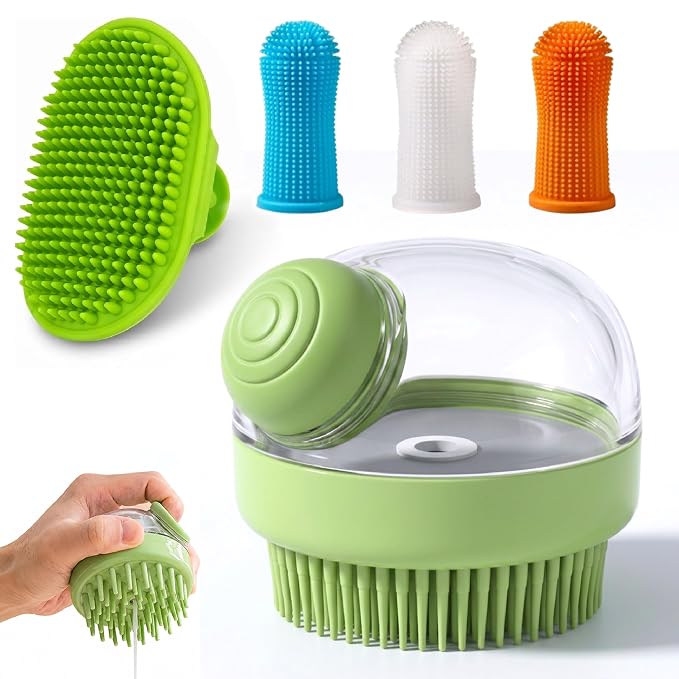 5PC pet grooming bath brush set - silicone massage brush with shampoo dispenser - suitable for dogs and cats for bathing, removing loose hair, and oral cleaning (Verdant)