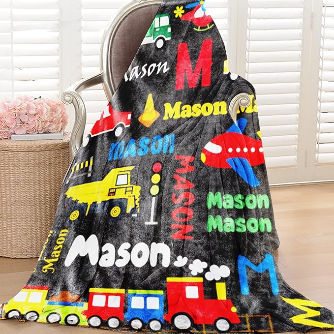Personalized Blanket with Name for Boys, City Car Transport Custom Name Blanket, Soft Flannel Toddler Blankets Customized Gift for Newborn Baby Shower Birthday-30 x40